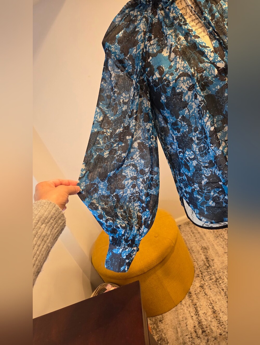 Anthropologie Blue Floral Tie-Neck Sheer Blouse, Size S. - Picture 7 of 15